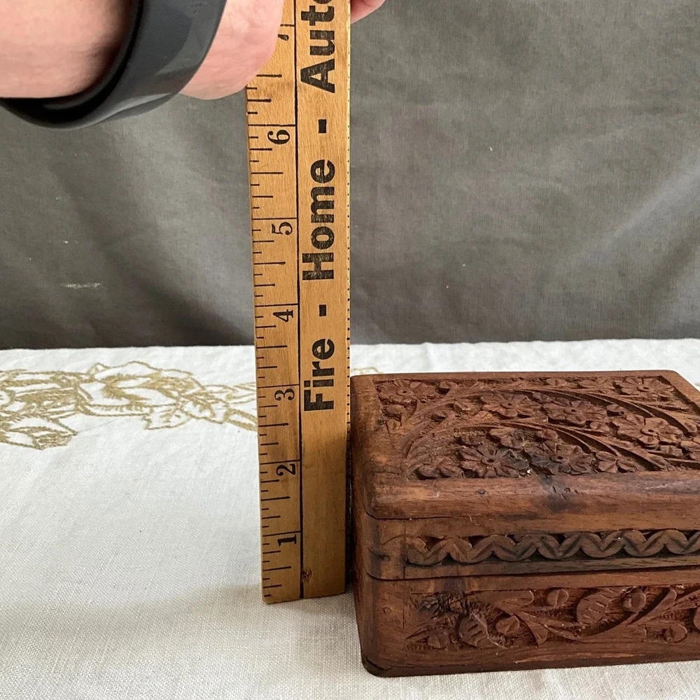 Hand Carved Wooden Jewelry Trinket Box Floral Vine Design Blue Velvet Lining
